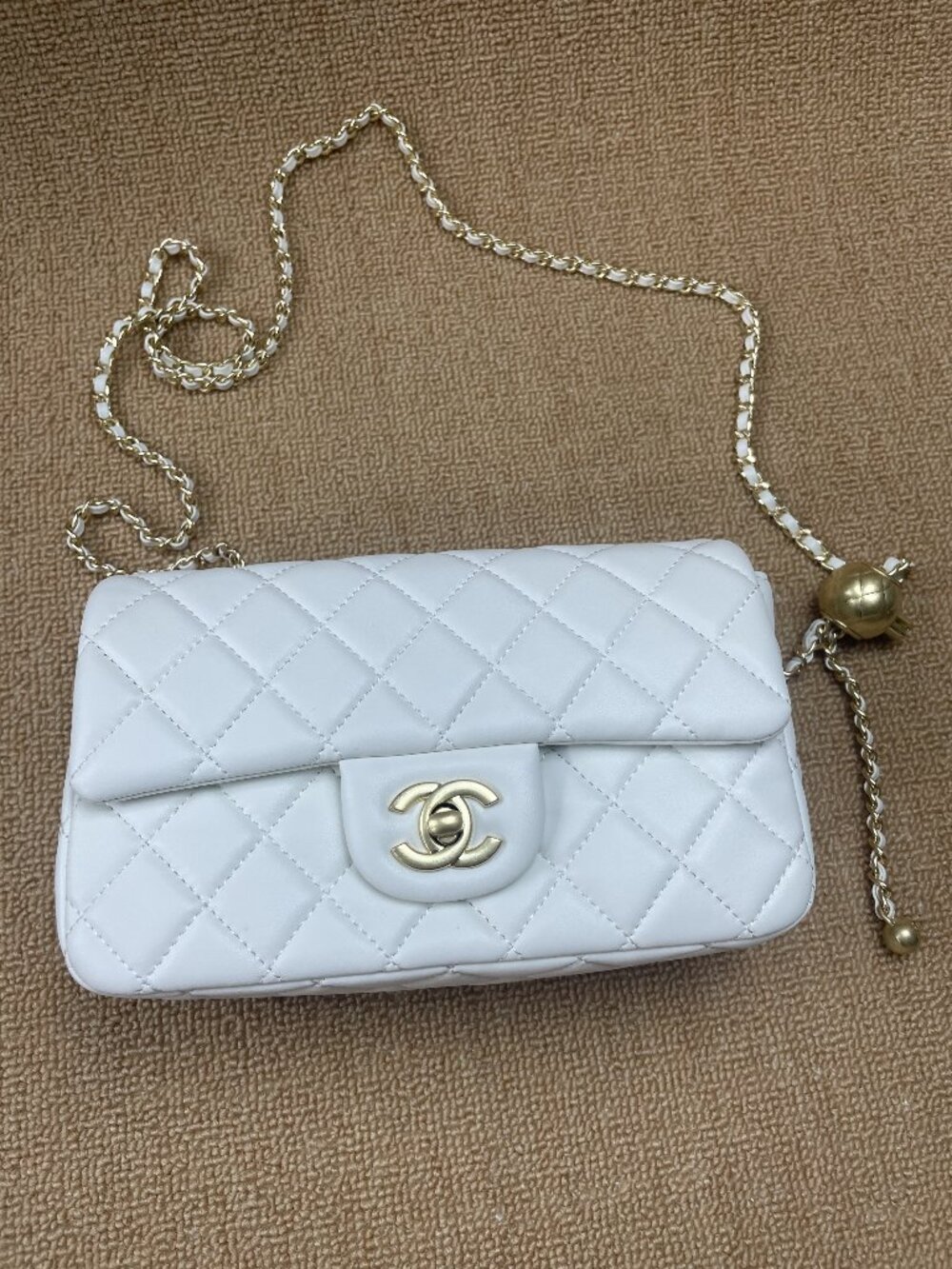Chanel Classic Mini Flap Bag, White Lambskin, Adjustable Gold Ball Chain, Gold H